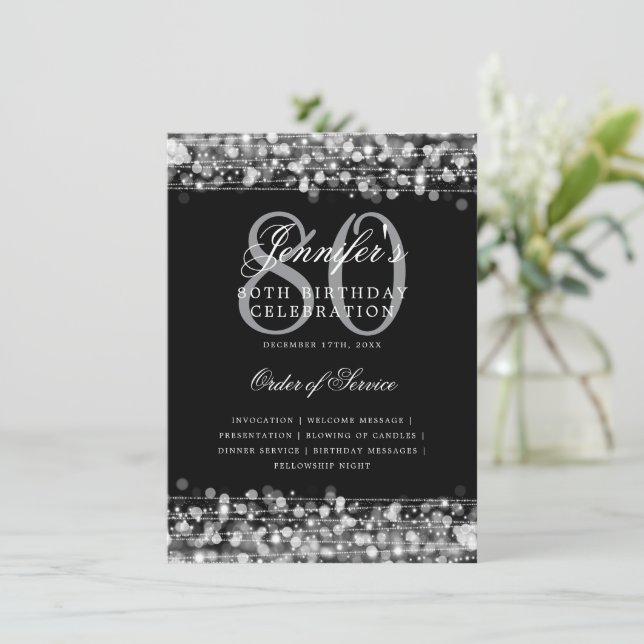 Elegant 80th Birthday Party Program Silver Menu Invitation (Standing Front)