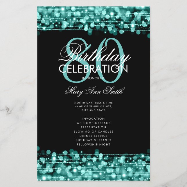 Elegant 80th Birthday Party Program Teal Menu (Front)