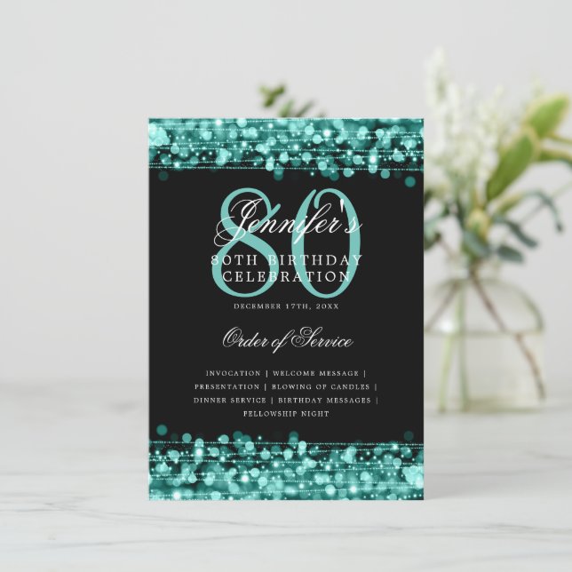 Elegant 80th Birthday Party Program Turquoise Menu Invitation (Standing Front)