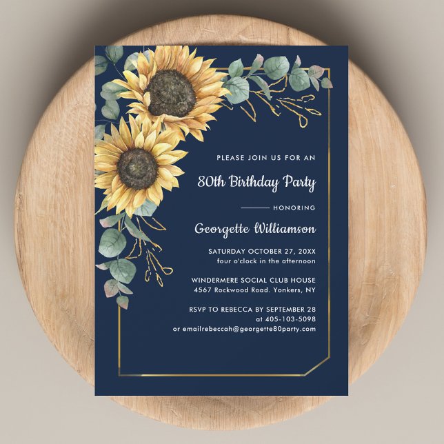 Elegant 80th Birthday Party Sunflower Eucalyptus  Invitation (Sunflower Eucalyptus Floral 80th Birthday Navy Blue Party Invitation)