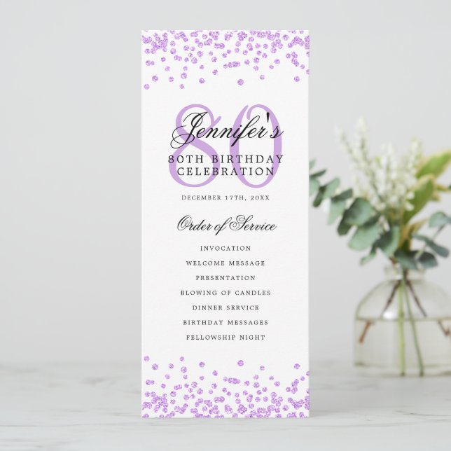 Elegant 80th Birthday Program Confetti Purple  Invitation (Standing Front)