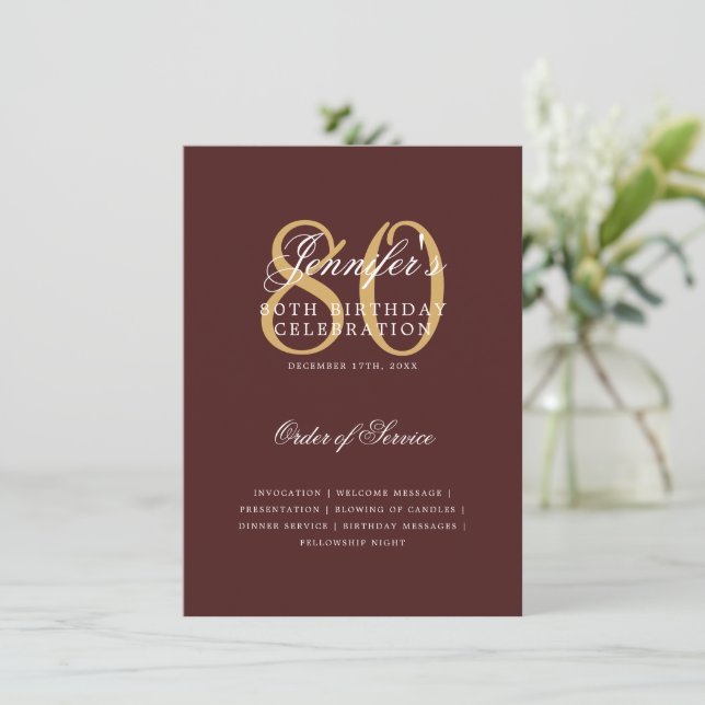 Elegant 80th Birthday Program Gold Burgundy Menu Invitation (Standing Front)