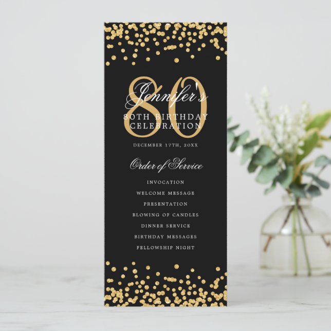 Elegant 80th Birthday Program Gold Confetti Menu Invitation (Standing Front)