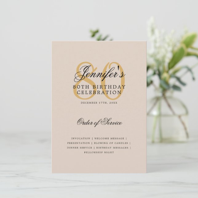 Elegant 80th Birthday Program Gold Menu Champagne Invitation (Standing Front)