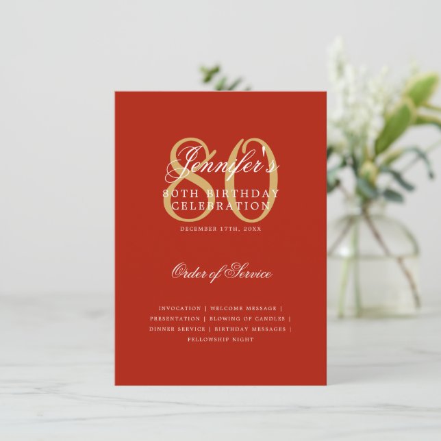 Elegant 80th Birthday Program Gold Red Menu Invitation (Standing Front)