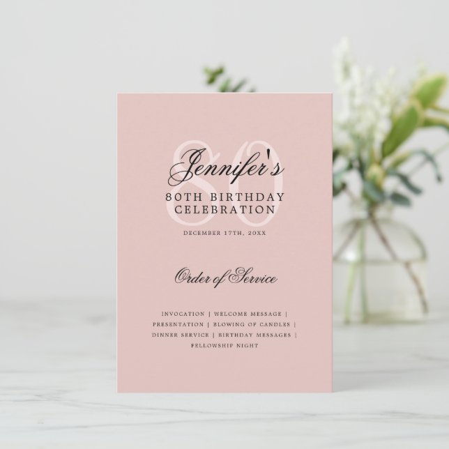 Elegant 80th Birthday Program Menu Blush Pink  Invitation (Standing Front)