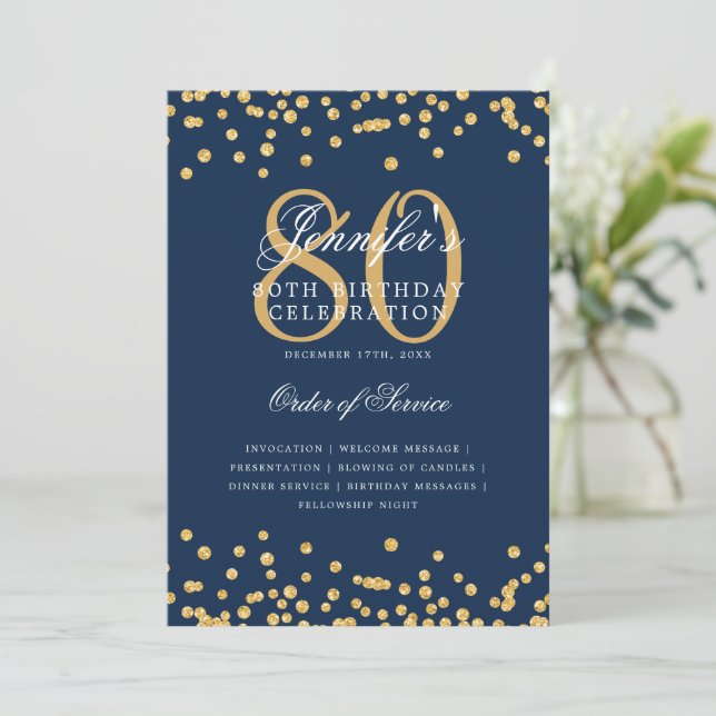Elegant 80th Birthday Program Menu Gold Navy Blue  Invitation (Standing Front)