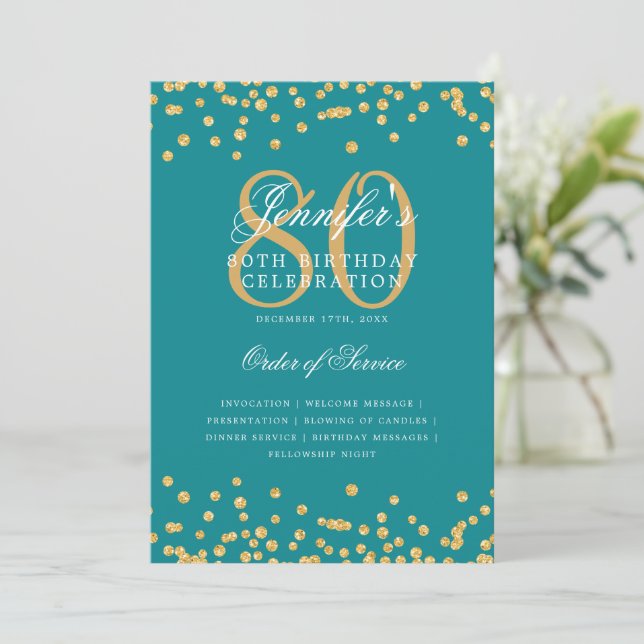 Elegant 80th Birthday Program Menu Gold Turquoise Invitation (Standing Front)