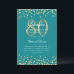 Elegant 80th Birthday Program Menu Gold Turquoise Invitation<br><div class="desc">Elegant "Birthday Party Program" design with faux glitter confetti and custom text.</div>