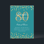 Elegant 80th Birthday Program Menu Gold Turquoise Invitation<br><div class="desc">Elegant "Birthday Party Program" design with faux glitter confetti and custom text.</div>