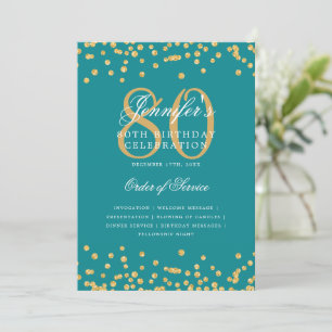 Elegant 80th Birthday Program Menu Gold Turquoise Invitation