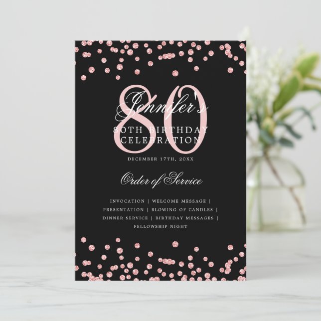 Elegant 80th Birthday Program Menu Rose Gold Black Invitation (Standing Front)