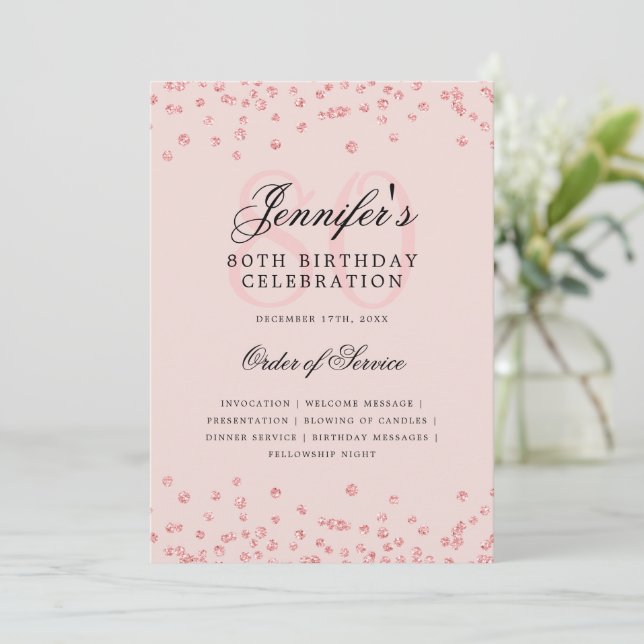 Elegant 80th Birthday Program Menu Rose Gold Blush Invitation (Standing Front)