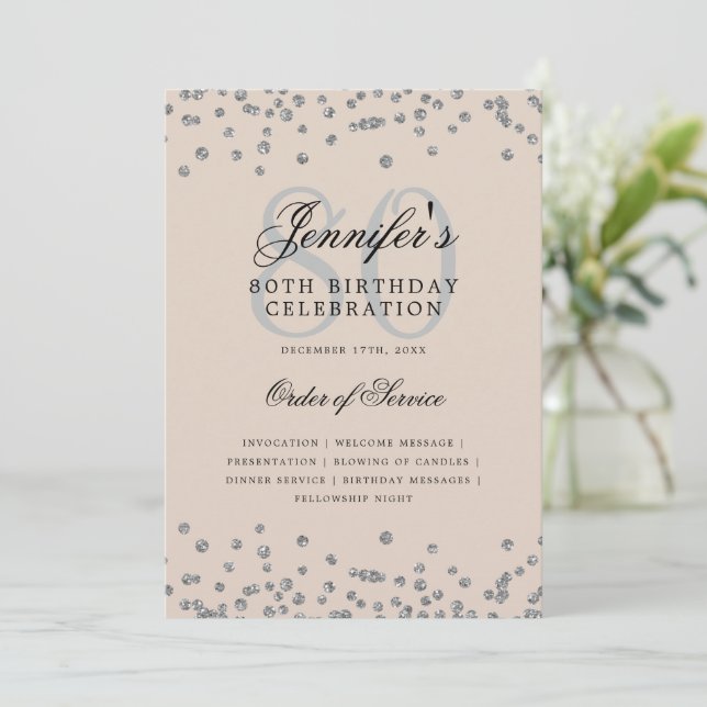 Elegant 80th Birthday Program Menu Silver Beige  Invitation (Standing Front)