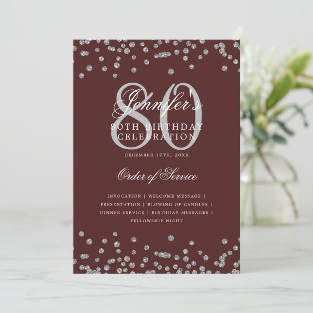 Elegant 80th Birthday Program Menu Silver Burgundy Invitation (Standing Front)