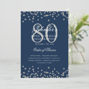 Elegant 80th Birthday Program Menu Silver Navy Blu Invitation
