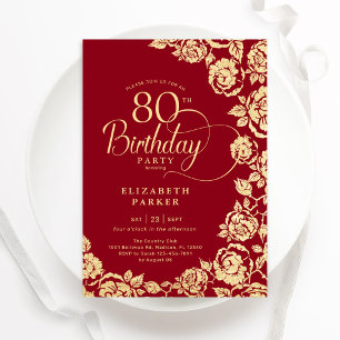 Elegant 80th Birthday Red Gold Roses Invitation