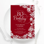 Elegant 80th Birthday Red Silver Roses Invitation<br><div class="desc">Red silver floral 80th birthday party invitation. Elegant design featuring roses,  faux silver foil and typography script font. Trendy invite card perfect for a stylish female bday celebration. Can be customised to any age. Personalise with your own details. Printed Zazzle invitations or instant download digital printable template.</div>