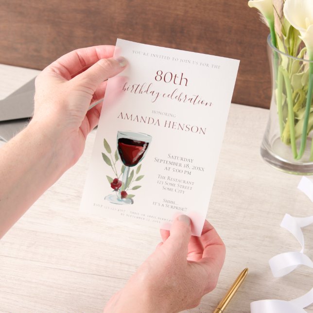 Elegant 80th Birthday Red Wine Surprise Birthday  Vellum Invitations (Handheld)