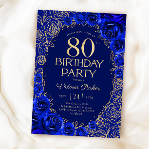 Elegant 80th Birthday Royal Blue Gold Floral Invitation