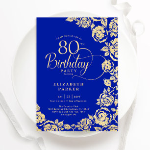 Elegant 80th Birthday Royal Blue Gold Roses Invitation