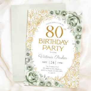 Elegant 80th Birthday Sage Green Gold Floral Invitation