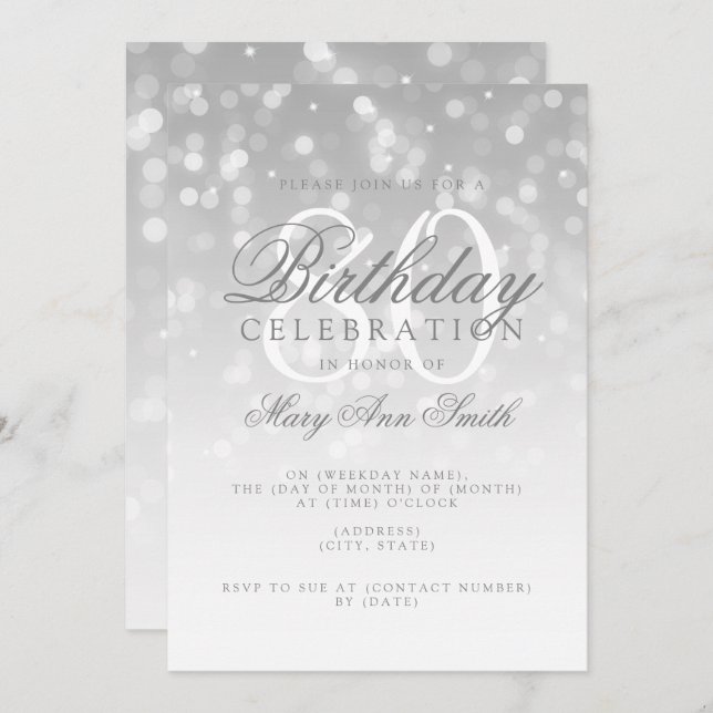 Elegant 80th Birthday Silver Bokeh Sparkle Lights Invitation (Front/Back)