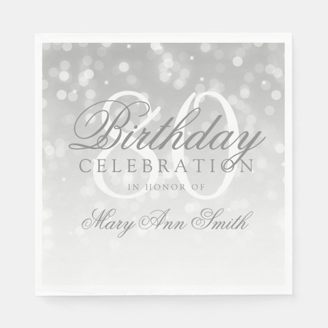 Elegant 80th Birthday Silver Bokeh Sparkle Lights Napkin (Front)