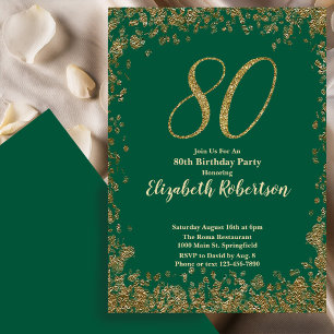 Elegant 80th Green Birthday Invitation Gold Sequin