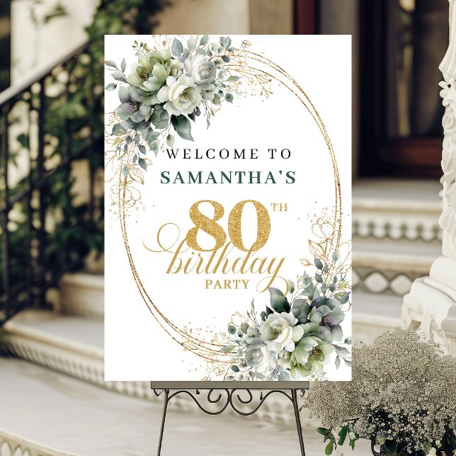 Elegant 80th Greenery and Gold Welcome Poster (Elegant 80th Greenery and Gold Welcome Poster)