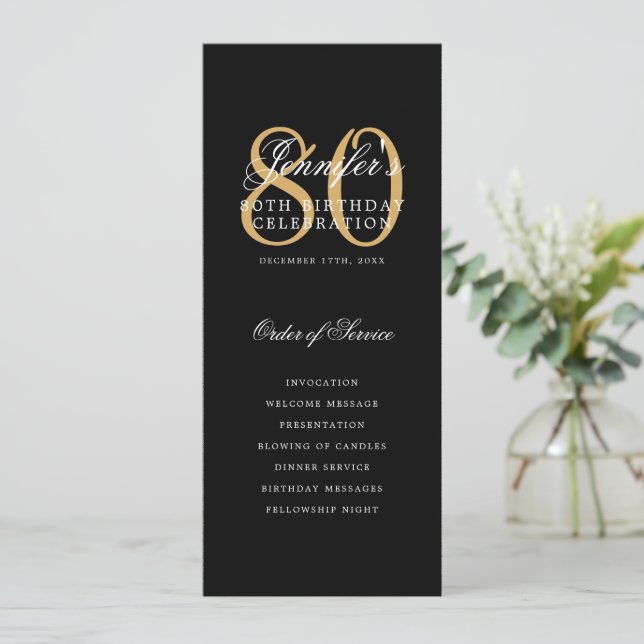 Elegant 80th Program Gold Black Menu+Thank You Invitation (Standing Front)