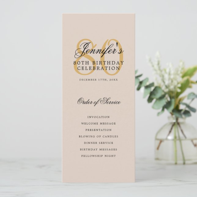 Elegant 80th Program Gold Menu+Thank You Champagne Invitation (Standing Front)