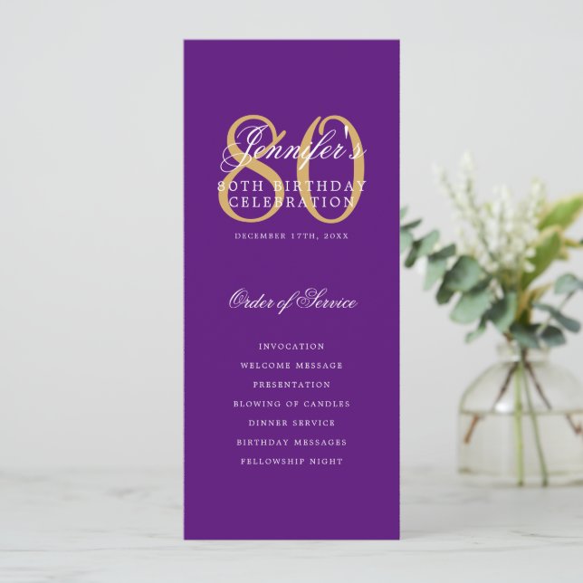 Elegant 80th Program Gold Purple Menu+Thank You Invitation (Standing Front)