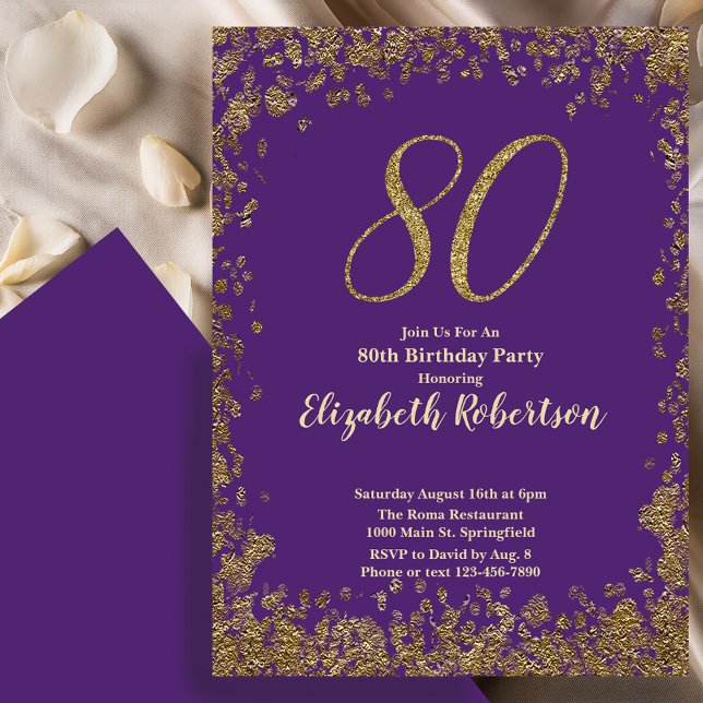 Elegant 80th Purple Birthday Invitation Gold  (Creator Uploaded)