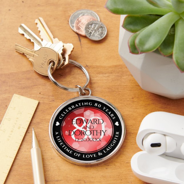 Elegant 80th Ruby Wedding Anniversary Celebration Key Ring (Desk)
