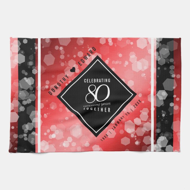 Elegant 80th Ruby Wedding Anniversary Celebration Tea Towel (Horizontal)