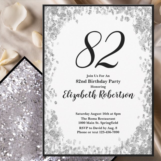 Elegant 82nd Birthday Invitation For Her in Silver (Creator Uploaded)