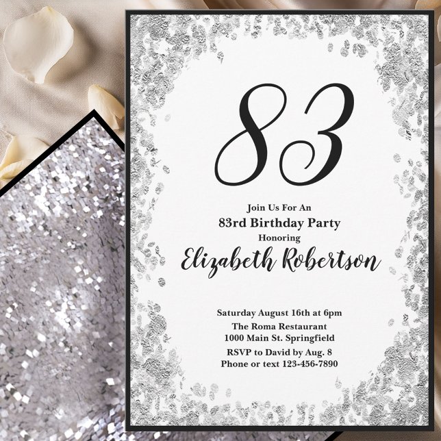 Elegant 83rd Birthday Invitation For Her in Silver (Creator Uploaded)