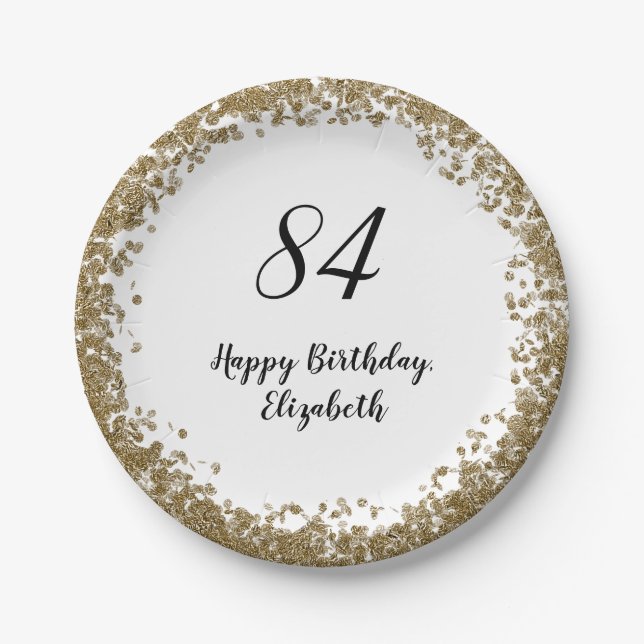 Elegant 84th Birthday Plates With Gold Sequins (Front)