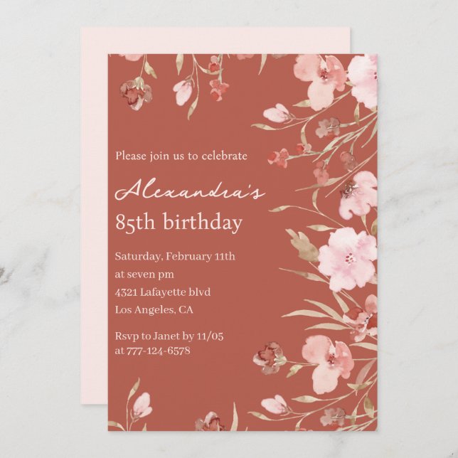 Elegant 85th birthday invitations Floral Chic  (Front/Back)