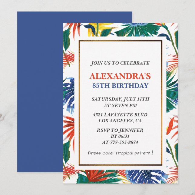 Elegant 85th birthday invitations Tropical Party  (Front/Back)