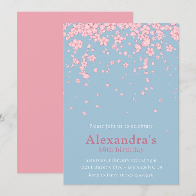 Elegant 86th birthday invitations Floral Pink Blue (Front/Back)