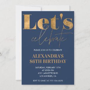Elegant 86th birthday invitations Navy Blue Gold 
