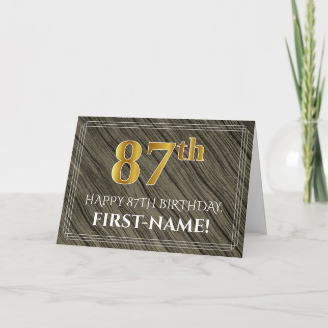 Elegant 87th Birthday: Faux Wood, Faux Gold Look Card (Front)