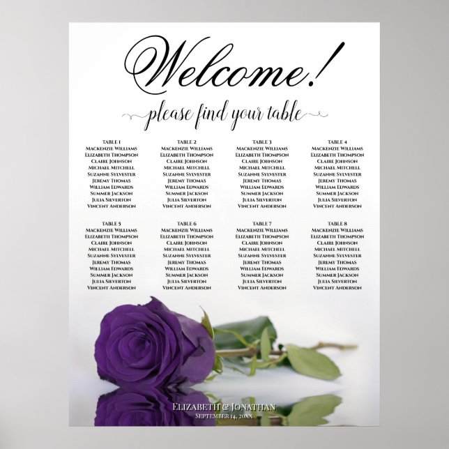 Elegant 8 Table Royal Purple Rose Seating Chart (Front)