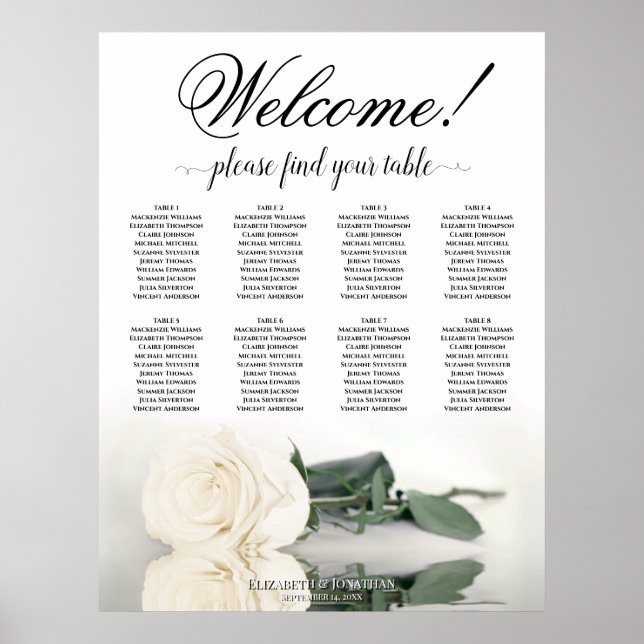 Elegant 8 Table White Rose Wedding Seating Chart (Front)