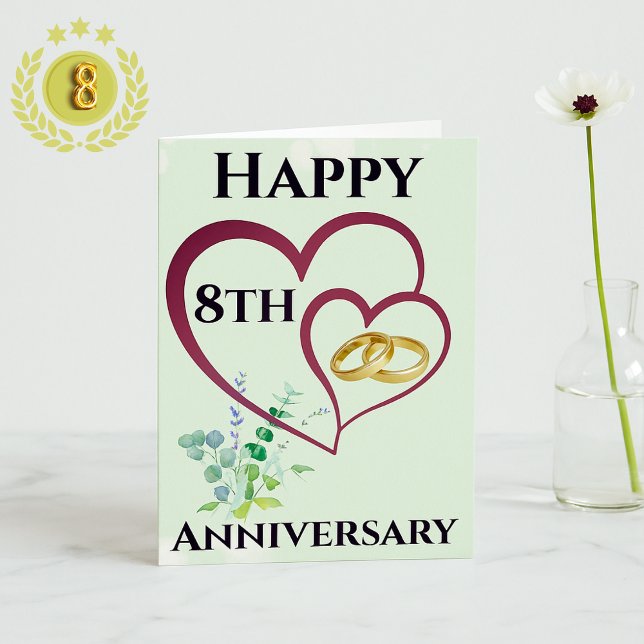 Elegant 8th Anniversary Card with Gold Heart Rings (Creator Uploaded)