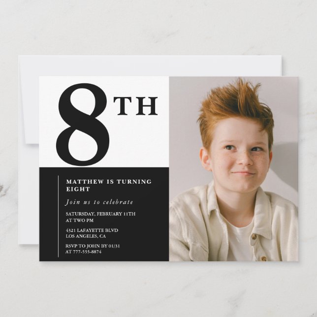 Elegant 8th birthday invitation Black Chic Modern  (Front)