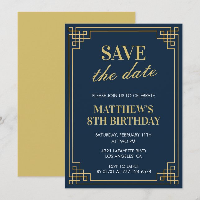 Elegant 8th birthday invitations Men Save the date (Front/Back)
