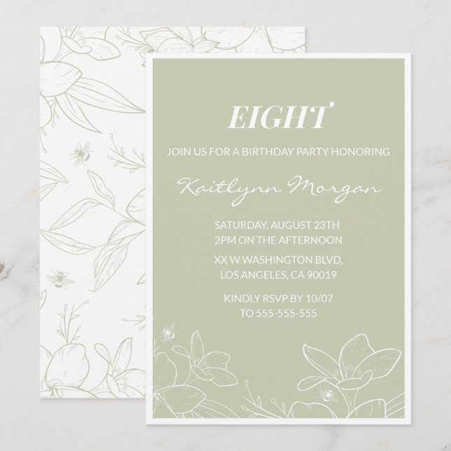 Elegant 8th birthday invitations Modern Floral  (Front/Back)